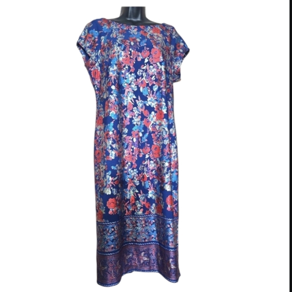 Beige by ECI Metallic Floral Midi Dress Women's Size 12 Blue/Silver/Red